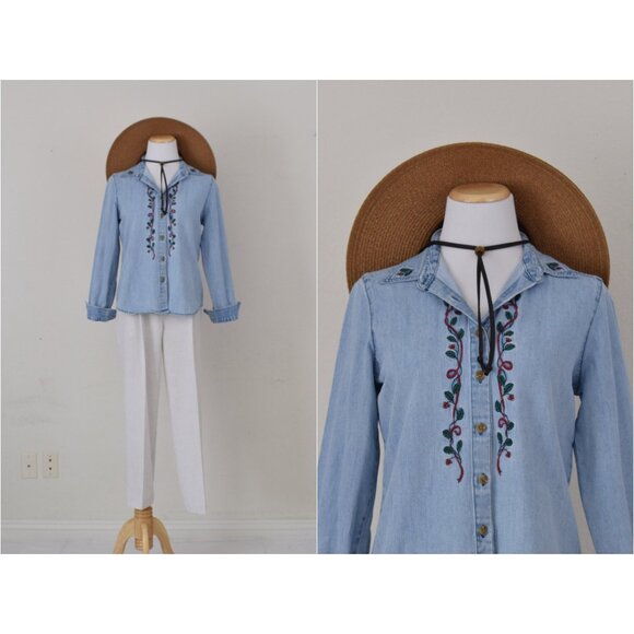 Worrrn Vintage 90s Embroidered Denim Shirt size S - Picture 1 of 10